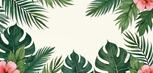 Hand painted watercolor border features tropical leaves and pink hibiscus flowers. This summer floral element creates a beautiful frame for text or design. Use for postcards, invitations or web pages.