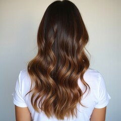 Fototapeta premium Woman shows off long wavy honey caramel balayage hair color. Brunette with highlights and ombre style has healthy shiny locks. Back view of person with styled haircut.