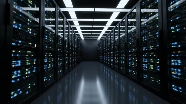 Modern data center server room: illuminated technology hallway capturing digital infrastructure
