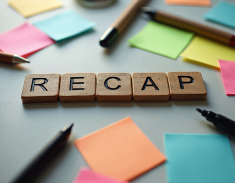 Wooden letter tiles spell out word recap among colorful sticky notes and writing tools. Office desk setup for planning meeting agenda or project summary. Idea for business strategy.