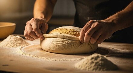 Baker shaping dough on floured surface for bread making.