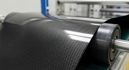 Obraz premium Carbon fiber sheet roll on industrial machine in modern factory showing advanced composite material manufacturing for lightweight high strength engineering applications