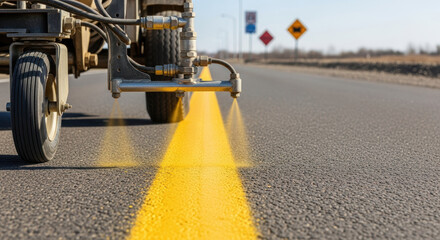 Fresh yellow road centerline being painted by striping machine on asphalt highway, closeup of spraying nozzles applying traffic markings with blurry safety signs in background