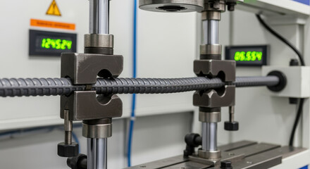 Fototapeta premium Reinforcement steel bar undergoing mechanical tensile strength testing in laboratory machine closeup detailed view of industrial quality control process on metal rebar sample