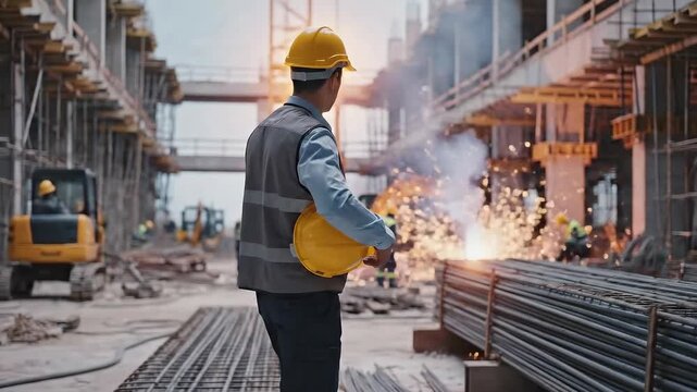 Construction worker in a yellow helmet observing the construction site activities.