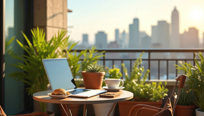 Obraz premium Open laptop, sandwich and coffee cup on a round table. Green plants and city skyline in background. Balcony setup for work or casual meal outdoors.