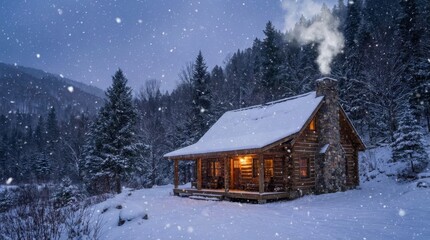 Cozy Log Cabin in Snowy Winter Forest