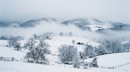 Obraz premium Snowy Rural Landscape, Foggy Winter Morning