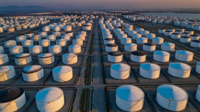 Aerial View of Oil Storage Tanks at Sunset in Industrial Landscape