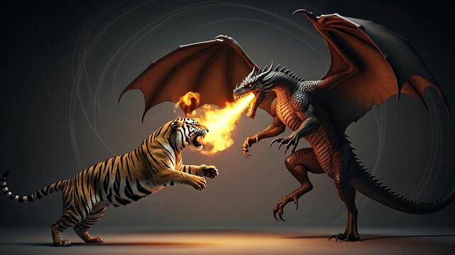 Epic Battle Between a Dragon and a Tiger in a Fantasy World.