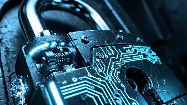 Close-up of a wet metallic padlock glowing blue under neon light in a dark futuristic setting glow!!