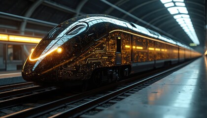 Fototapeta premium Futuristic black train with yellow circuit patterns travels fast on tracks in modern station. High speed transit blends digital tech with rail transport. Advanced locomotive powers city journey.