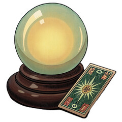 Mystical crystal ball with glowing center sits on polished wooden base next to tarot card featuring sun design, perfect for divination, transparent background