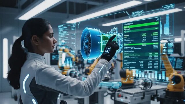 Female Engineer Interacting with Holographic Jet Engine Model and Data in High-Tech Factory