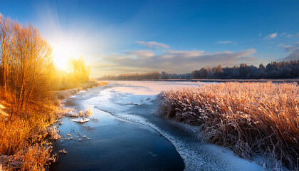 North Eastern European River After Frosty Winter Ice Began To Melt Ice Is Saturated With Meltwater Morning Sun Colors Ice Surface Sunny Path Panicles Of Reed Glow In Rays Of Sun
