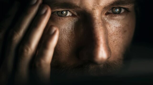 A man with piercing blue eyes is captured in a dramatic close up, his expression deep in thought. The soft lighting and shadows emphasize his introspective mood and facial details