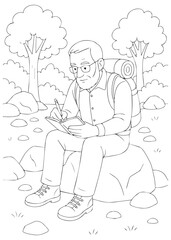 Coloring Book Dad writing notes while sitting on a rock at the campsite