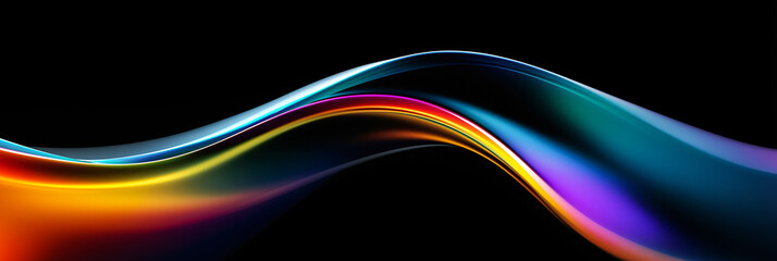 Abstract ribbon waves in vibrant orange, yellow, red, blue, purple, and cyan on a black background. Smooth curves and glowing gradients create dynamic depth&mdash;ideal for digital design and branding.