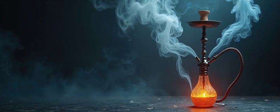 Traditional hookah pipe with amber glowing water and swirling white smoke clouds. Dark moody background with atmospheric fog. Aromatic tobacco smoking ritual.
