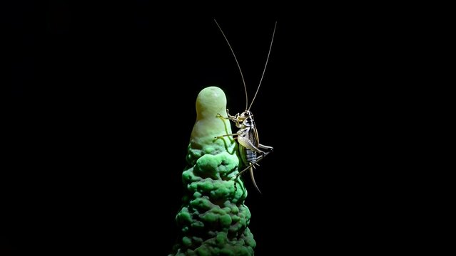 Cave Cricket Clinging to Stalagmite Covered in Glowing Fungus