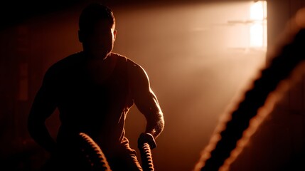 Muscular person silhouetted while performing a vigorous exercise with thick ropes in a dusty, dimly lit space