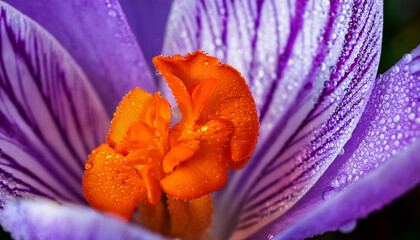 Macro Photography Of Orchid With Dew On Petals Purple And Orange Crocus Flower With Stamens Vibrant Colors And Intricate Details