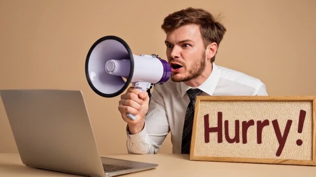An intense businessman in a shirt and tie aggressively shouts into a megaphone at his office desk. A sign with the word 'Hurry!' reinforces the feeling of urgency and pressure. This powerful visual re
