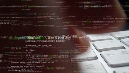 A close-up of a programmer hands on a keyboard, overlaid with lines of code, showcasing a digital environment that represents modern computing and technology. Xenic