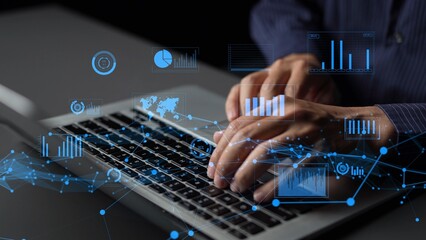 A close-up view of hands typing on a laptop keyboard with an overlay of digital graphs and charts, highlighting data analysis and technological innovation in a modern workspace. Xenic