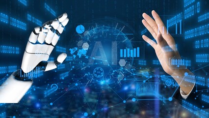 This image illustrates a powerful interaction between a human hand and a robotic hand, showcasing...