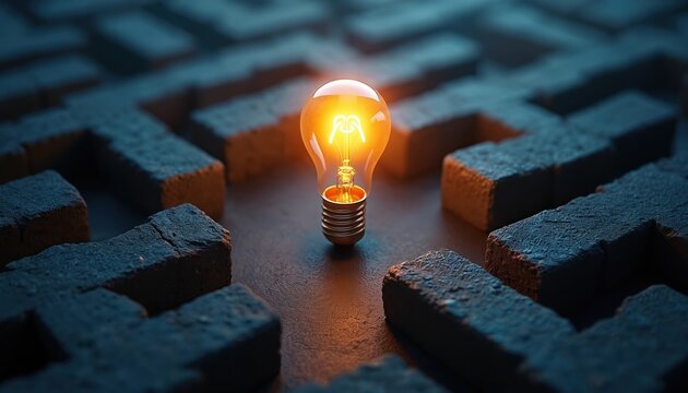 Glowing light bulb sits in center of dark brick maze. Symbolic image for idea inspiration or solving complex problems. Solution and pathfinding concept with bright illumination.