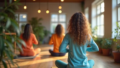 Three women in comfortable clothes meditate indoors. They sit on mats in a bright room with plants, practicing yoga for relaxation and mindfulness. People find inner peace.