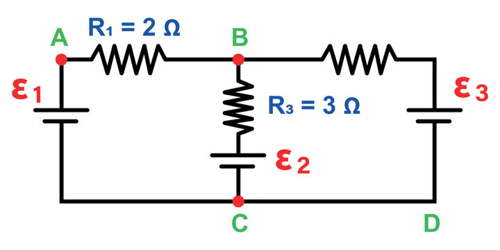 Three Battery Circuit With Resistors R1 And R3 Across Nodes A, B, C, and D