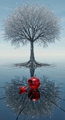 A majestic, ethereal tree with shimmering crystal leaves and icy branches stands above a perfectly reflective water surface, where a bitten red apple creates delicate cracks.