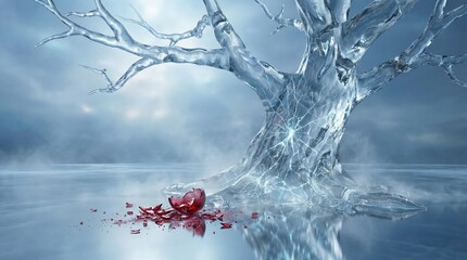 An imposing crystal tree with radiating cracks stands on a reflective frozen plain, its base surrounded by vibrant broken red glass fragments under a hazy sky.