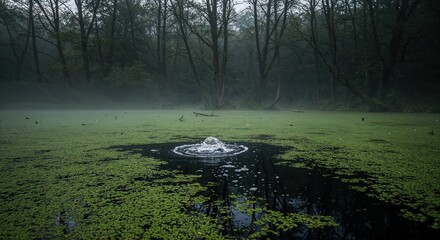 A dark, still swamp surface covered in vibrant green duckweed features a dynamic water splash, set against a misty, atmospheric forest.