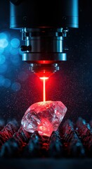 A focused red laser beam precisely strikes a sparkling rough diamond, illuminating its facets on a dark textured surface with futuristic blue bokeh.