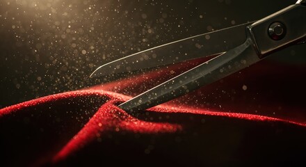 Sharp vintage steel scissors are poised to cut a luxurious red velvet ribbon, illuminated by a warm spotlight and sparkling dust particles in a dramatic close-up.