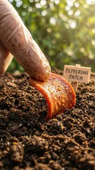 A gloved hand carefully plants a vibrant slice of pepperoni into rich brown soil, illuminated by golden sunlight with a PEPPERONI PATCH sign nearby, suggesting an unusual garden.