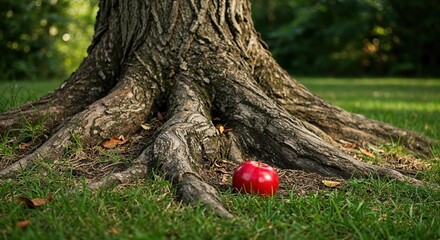 Gnarled roots and a textured tree trunk anchor an old tree in green grass, with a single bright red apple lying at its base under natural sunlight.