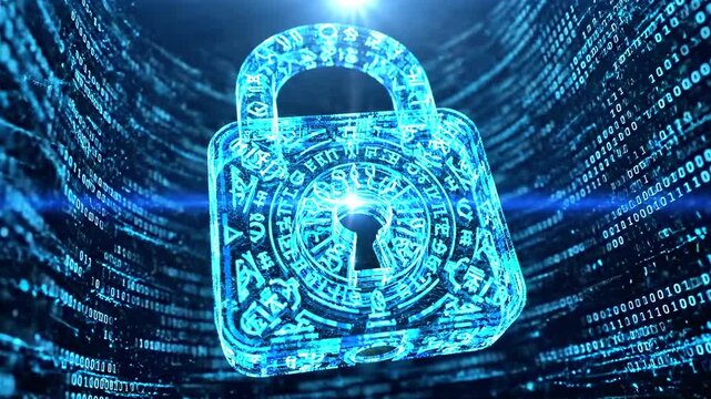 A glowing blue digital padlock hovers amid streaming binary code symbolizing encryption and security