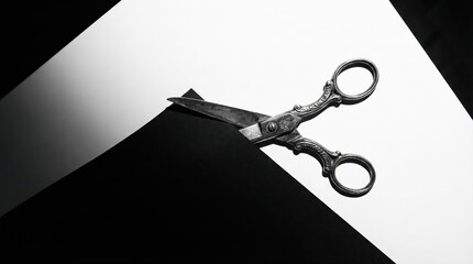 Antique silver scissors precisely cut through a sharp black and white geometric background, creating a striking visual of contrast and division with dramatic lighting.