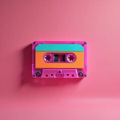 Fototapeta premium Vivid retro audio cassette with orange and teal label sits on pastel pink surface. Transparent pink plastic casing shows internal spools. Minimalist design evokes 80s nostalgia and music culture.