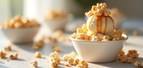 Creamy ice cream scoop with caramel drizzle and crunchy popcorn toppings served in a white bowl. Scattered popcorn pieces surround the dish, creating a delightful sweet treat presentation.
