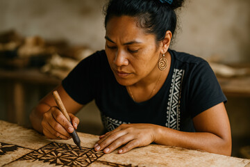 Focused artisan woman hand carving traditional geometric pattern on natural fabric in rustic workshop setting