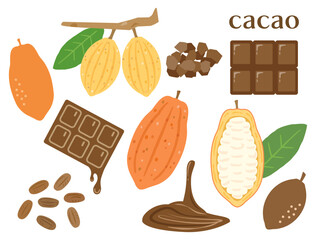 バレンタインなどに使えるカカオの実とチョコレートのイラストのセット