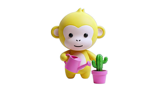 Yellow Monkey Watering Cactus in Pink Pot