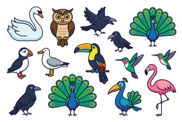 Fototapeta premium Birds Diversity Cartoon Swan, Owl, Crow, Peacock Collection on Transparent Background