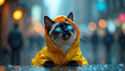 Siamese cat in yellow raincoat sits on wet surface. Blue eyes look up at falling rain. City lights blur in background bokeh. Pet waits patiently.