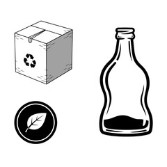 Eco-Friendly Packaging and Recycling Concept: Sustainable Living with Cardboard Box, Glass Bottle, and Leaf Icon for a Greener Planet, Originally Vector Art